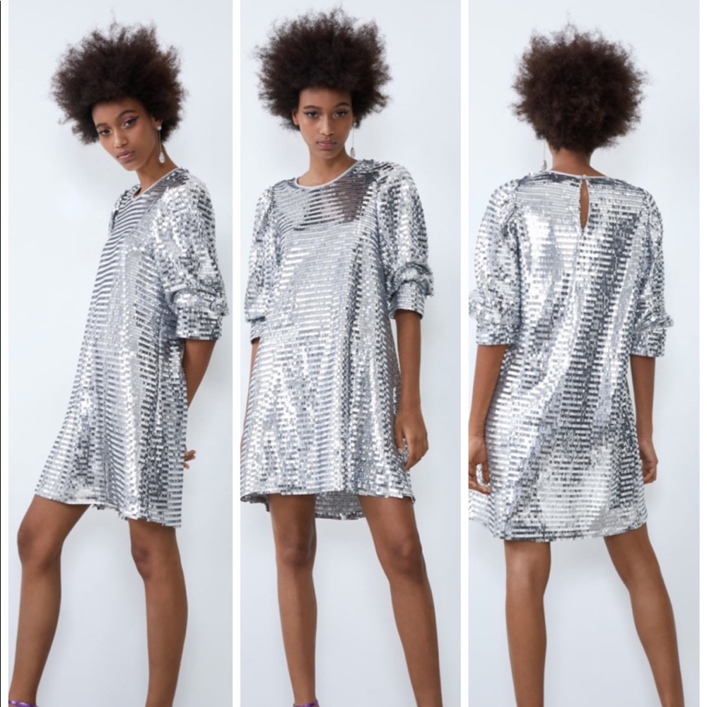 Zara metallic sequin sliver dress puff sleeves